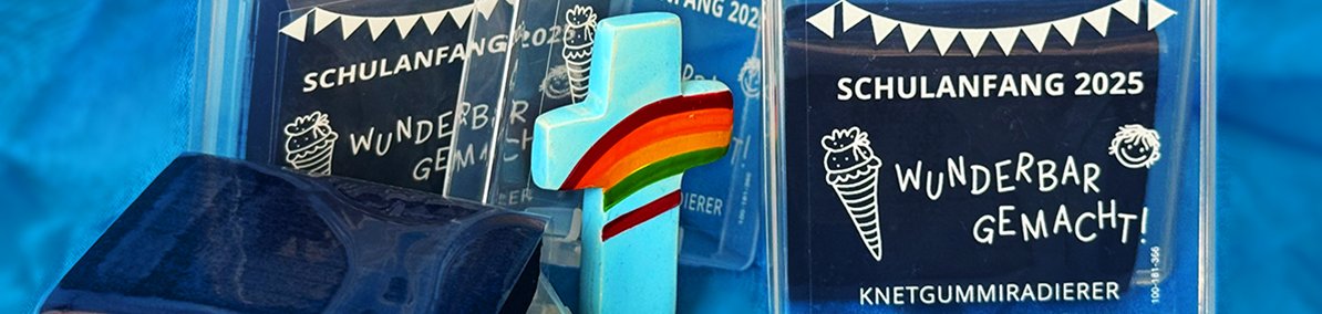 Bild mit buntem Kreuz und Knete mit Print Schulanfang